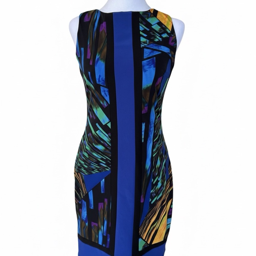 Frank Lyman Sz 4 VIBRANT Blue Black Green Yellow Geometric Print Cocktail Dress